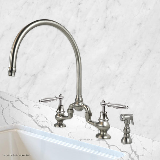 Coventry Brassworks Sancerre Bridge Kitchen Faucet with High Arc Swivel Spout and Side Sprayer and Finial Lever Handles