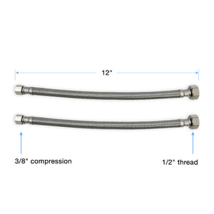 Pair of 12" Braided Stainless Steel Flexible Faucet Connecting Hose with 1/2" and 3/8" Ends