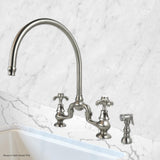 Coventry Brassworks Sancerre Bridge Kitchen Faucet with High Arc Swivel Spout and Side Sprayer and Drop Cross Handles