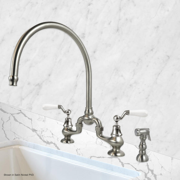 Coventry Brassworks Sancerre Bridge Kitchen Faucet with High Arc Swivel Spout and Side Sprayer and Offset Ceramic Handles