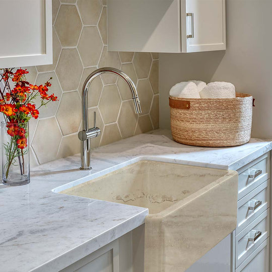 Italian Handmade Ceramic Farmhouse Sink in Travertine Appearance